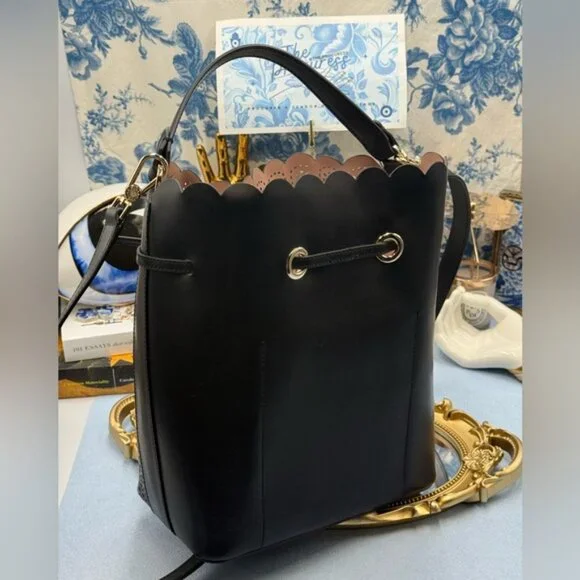 🆕 FURLA 🧿 NWOT Constanza Laser Cut Drawstring Bucket Bag, Black Leather - Picture 8 of 14